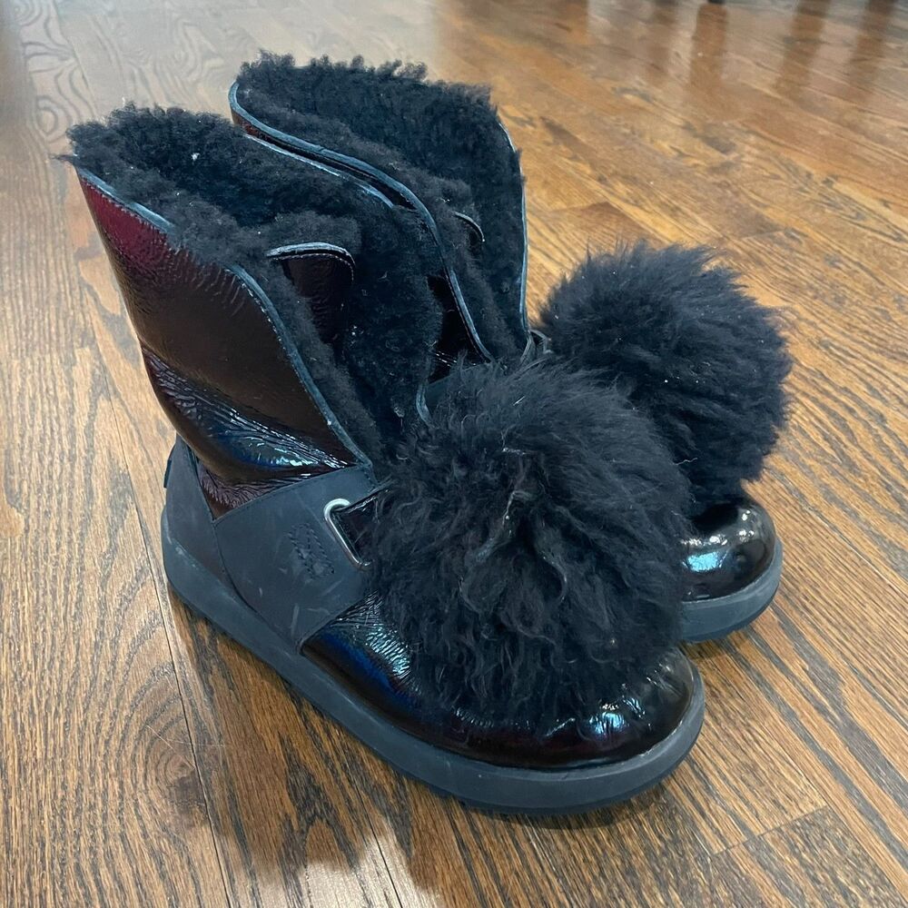 UGG Isley Black Patent Leather Removable Pom Pom Waterproof Boots